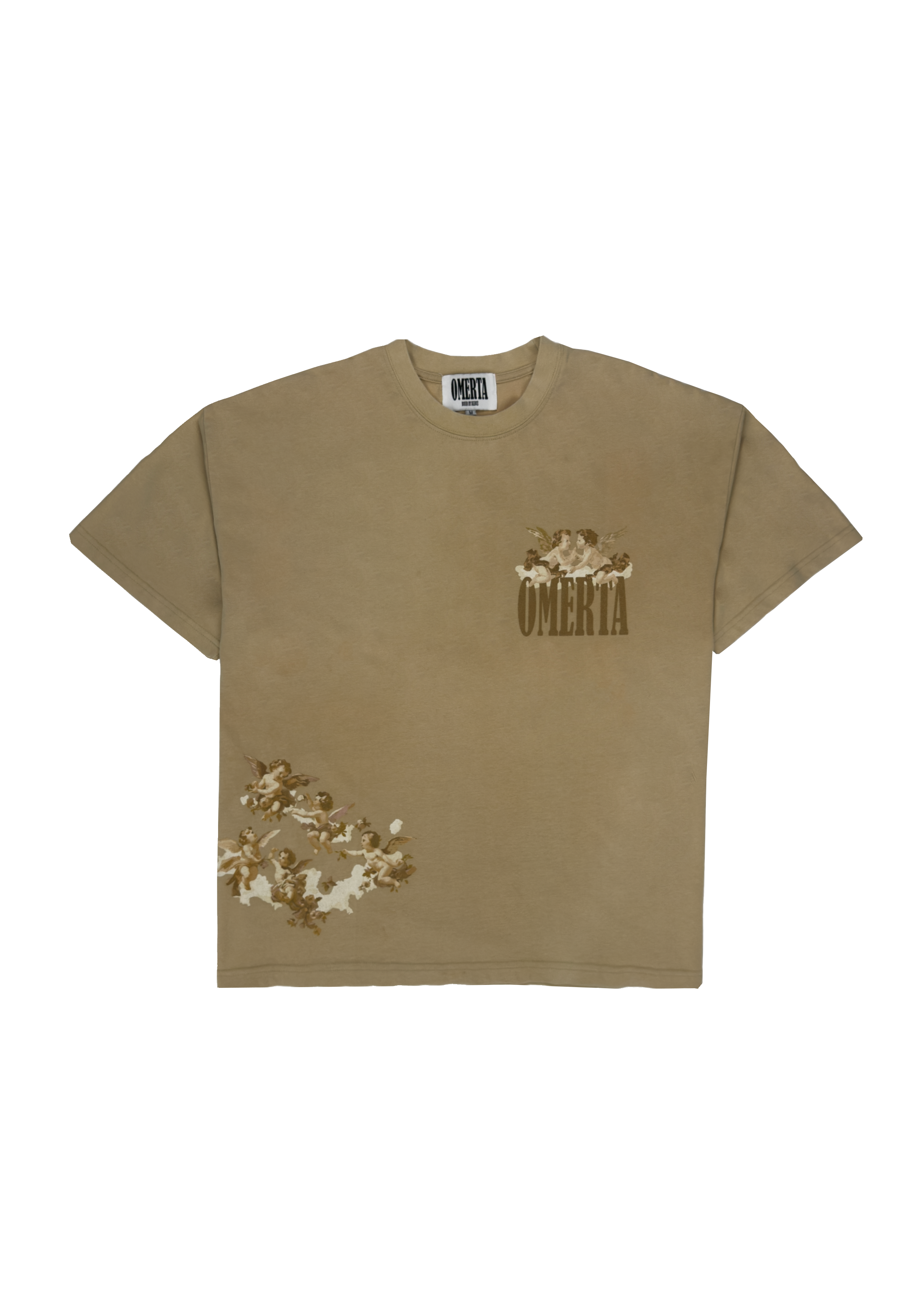 Angel's Haven Tee by OMERTA laid flat, showcasing the front cherub design.