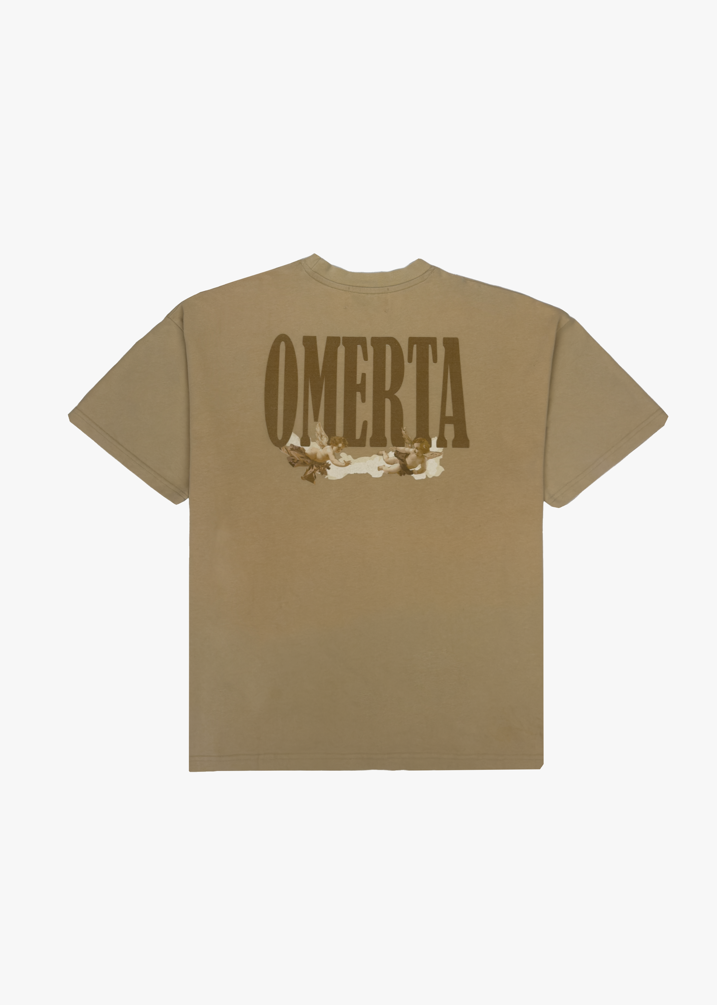 Front view of the Angel's Haven Tee by OMERTA with a large Omerta logo and cherub design.
