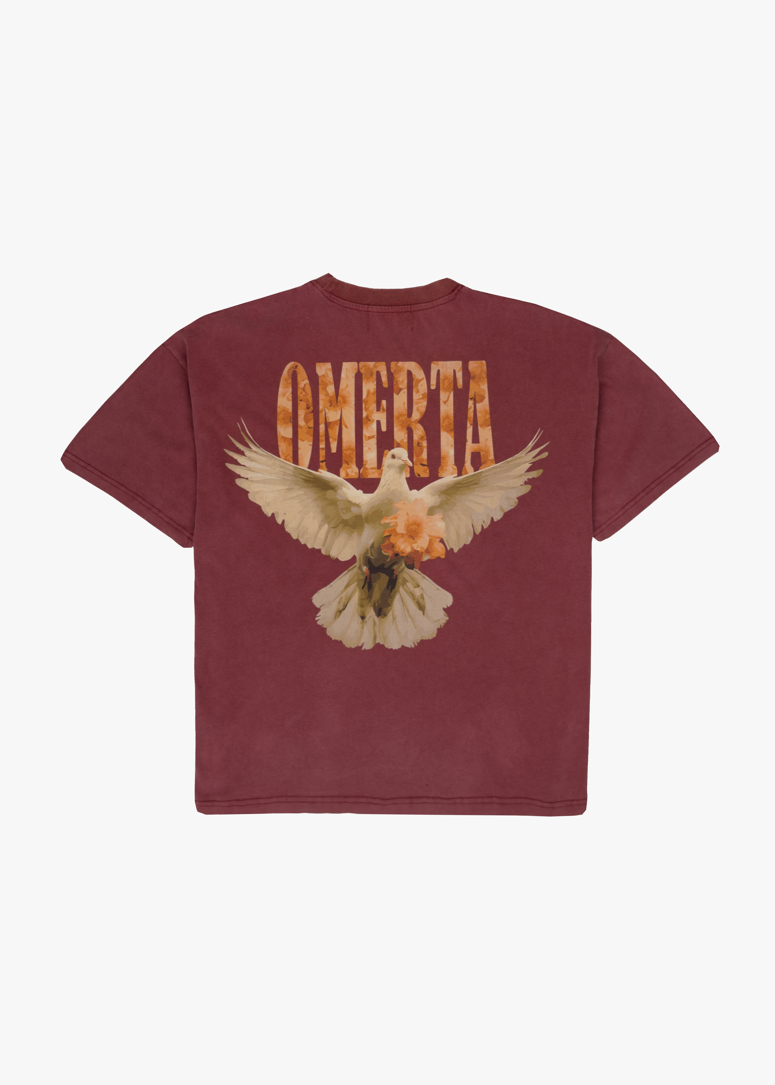 Blossom Dove Tee back design with dove and floral artwork, showcasing streetwear style by OMERTA.