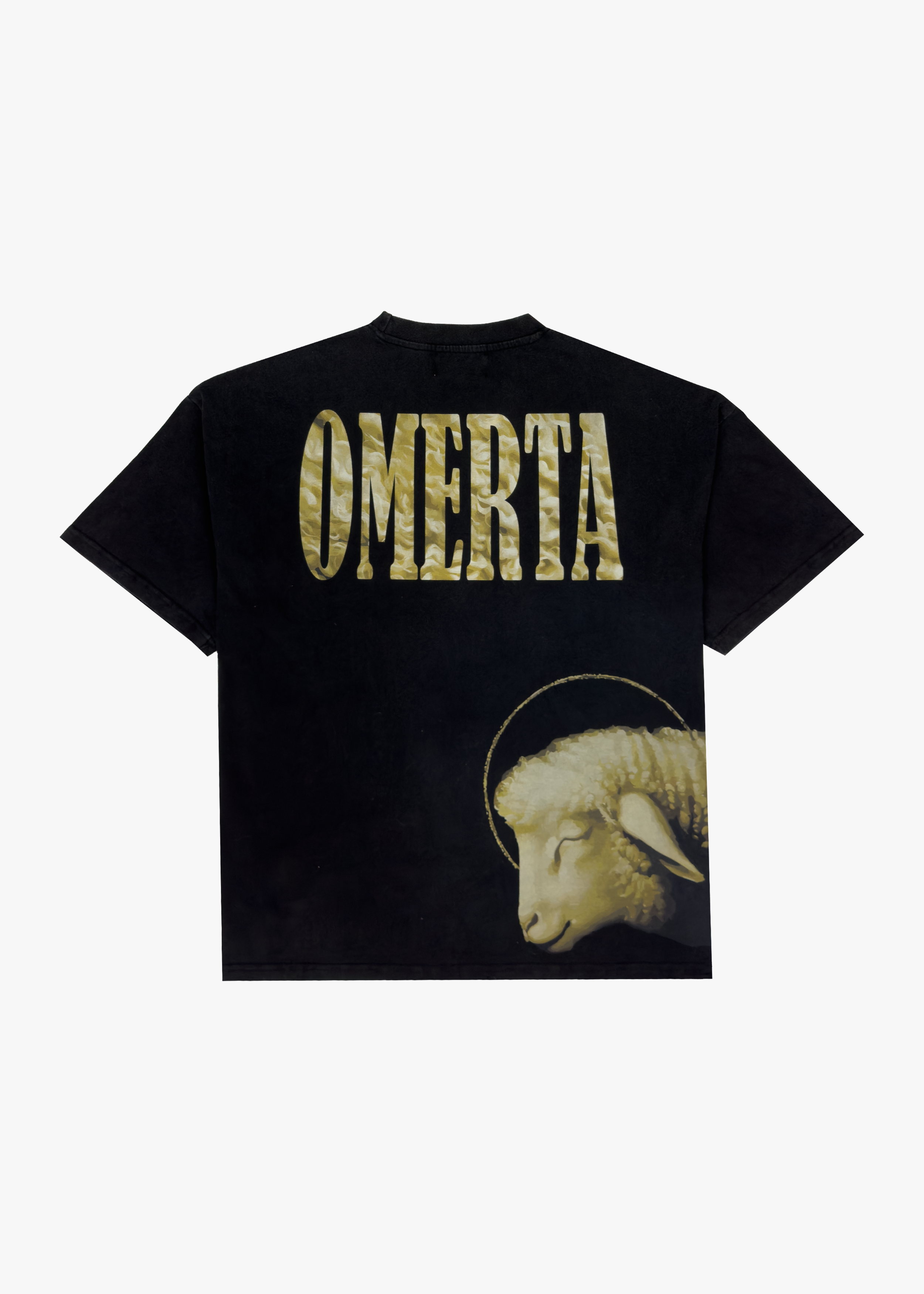 Back view of Sacred Lamb Tee - OMERTA with lamb graphic